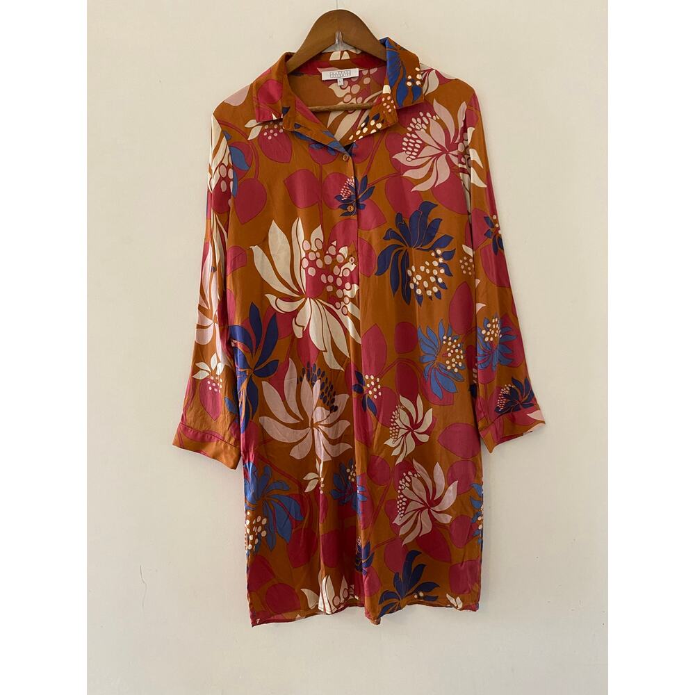 Laurence Tavernier French L Collared Sleep Shirt Dress Floral Burnt Orange EUC